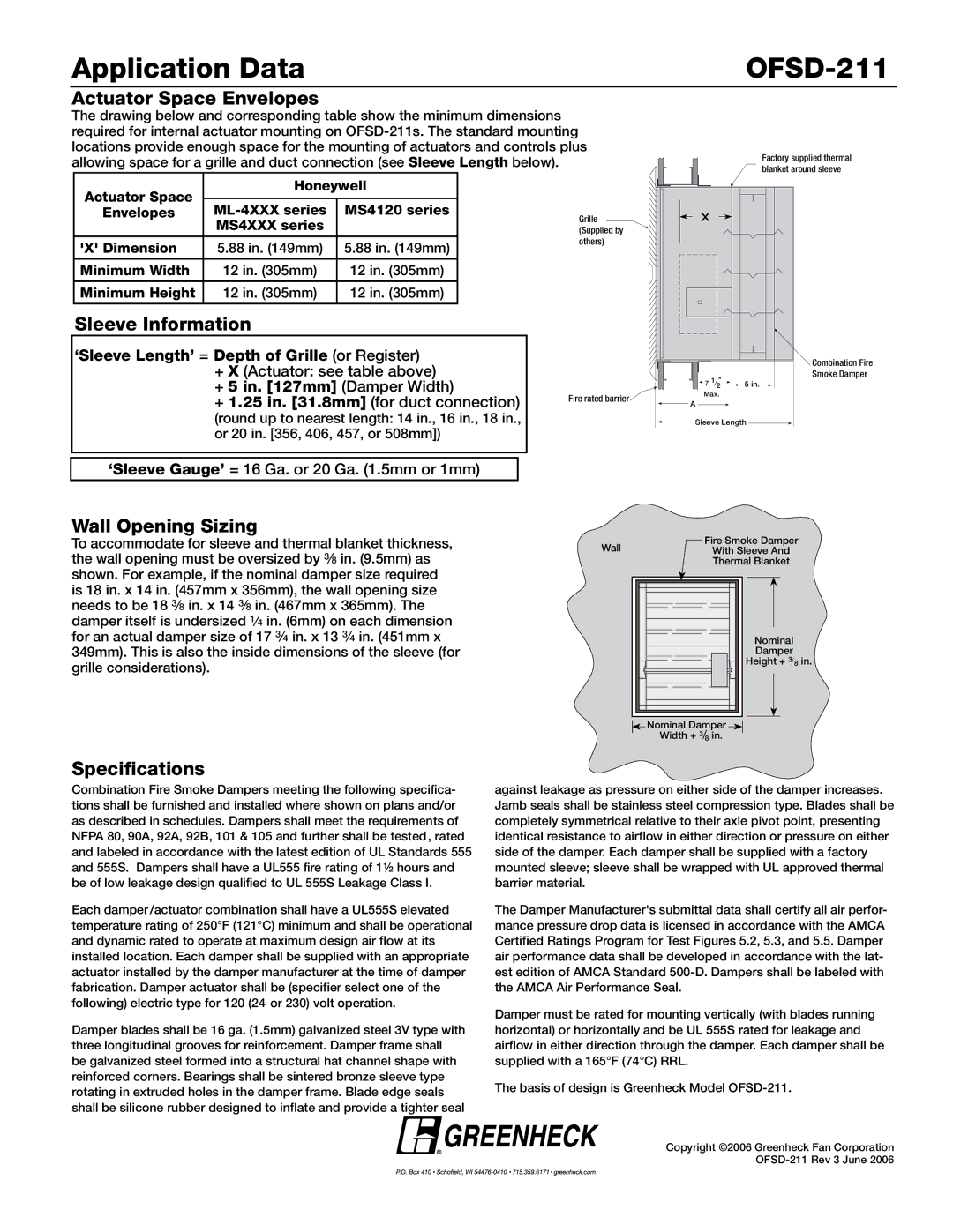 Greenheck Fan dimensions Application Data OFSD-211, Actuator Space Envelopes, Sleeve Information, Wall Opening Sizing 