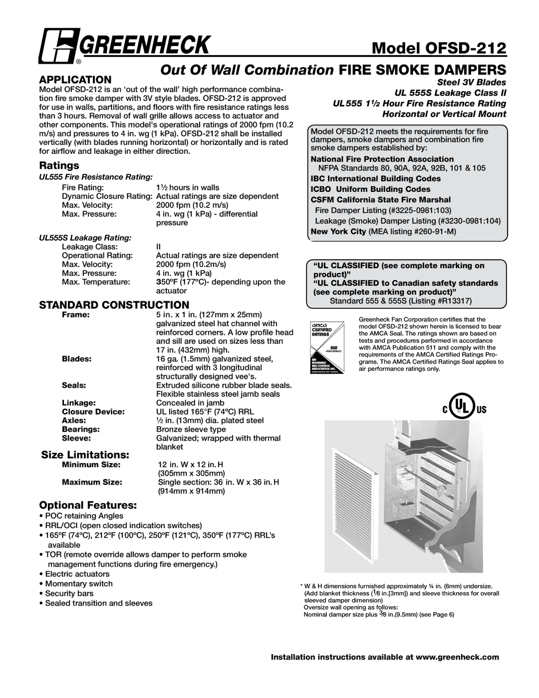 Greenheck Fan dimensions Model OFSD-212, Ratings, Standard Construction, Size Limitations, Optional Features 