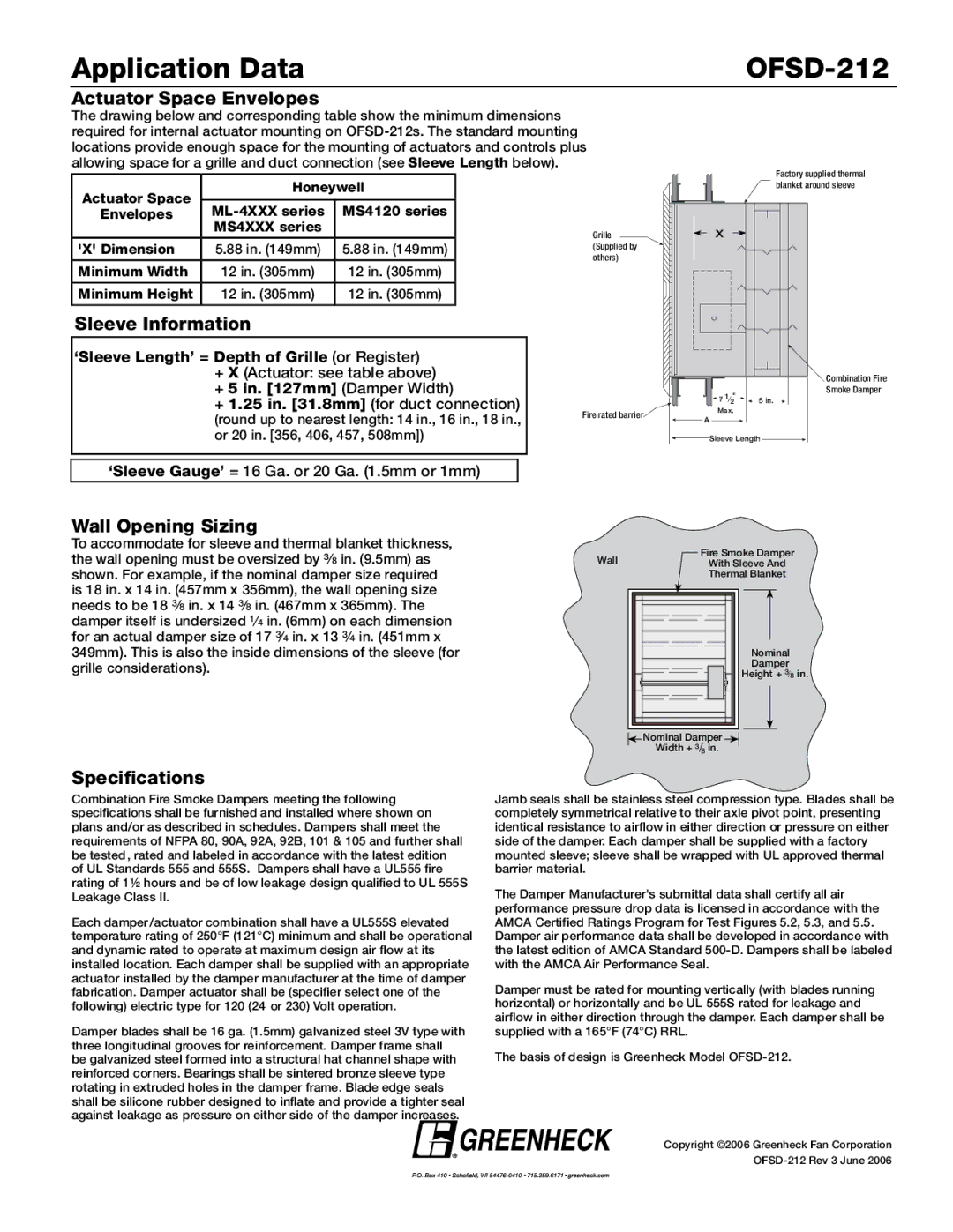 Greenheck Fan dimensions Application Data OFSD-212, Actuator Space Envelopes, Sleeve Information, Wall Opening Sizing 