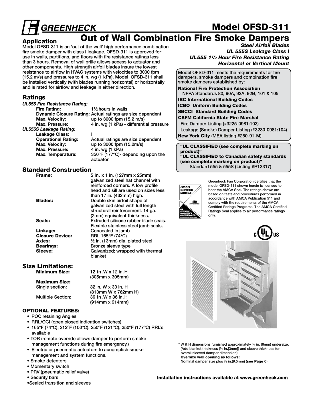 Greenheck Fan dimensions Model OFSD-311, Out of Wall Combination Fire Smoke Dampers 