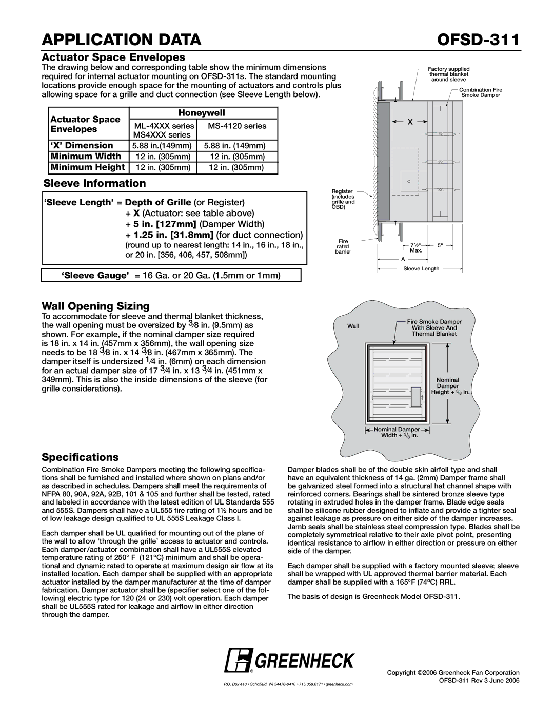 Greenheck Fan OFSD-311 Application data OFsd-311, Actuator Space Envelopes, Sleeve Information, Wall Opening Sizing 