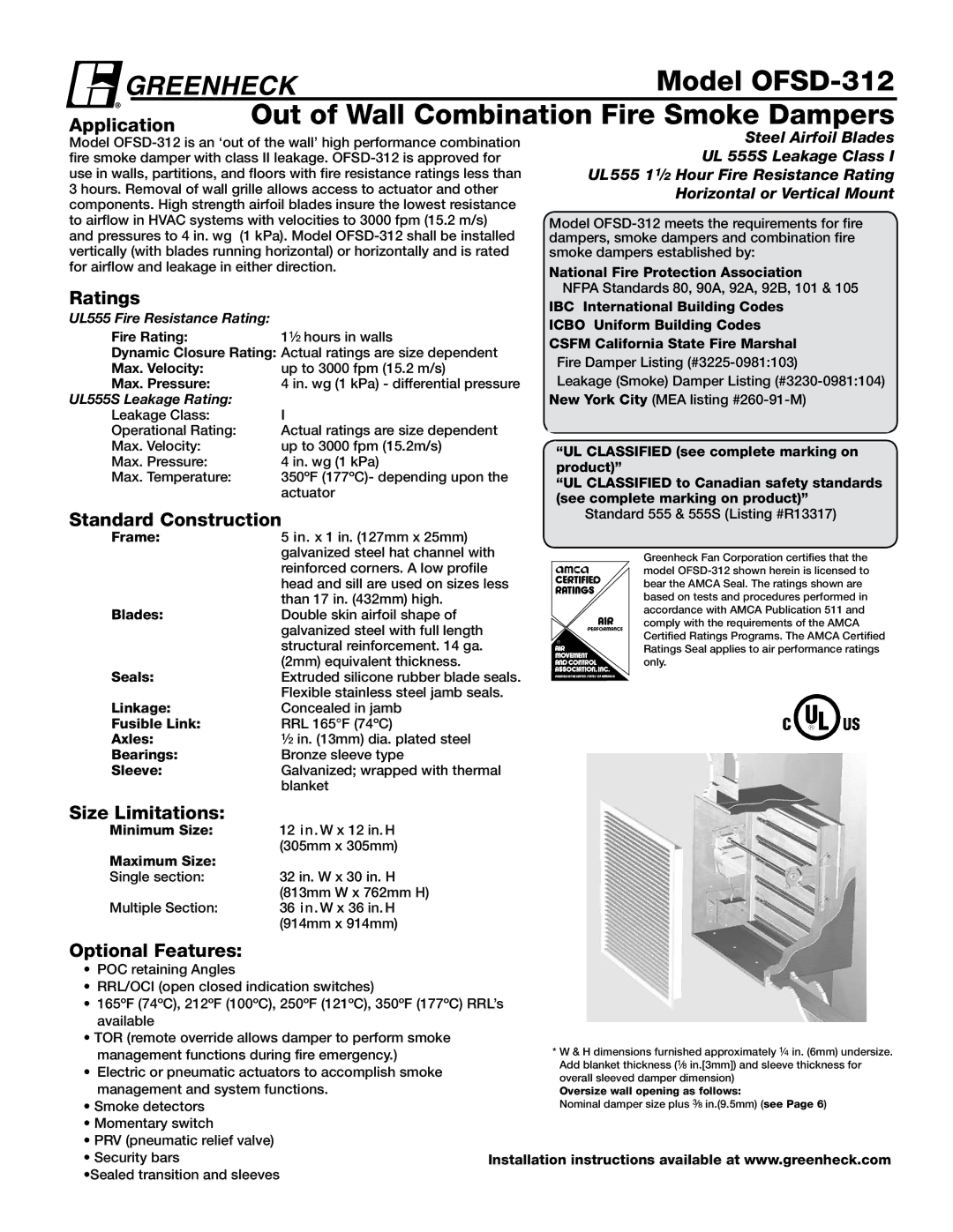 Greenheck Fan dimensions Model OFSD-312, Out of Wall Combination Fire Smoke Dampers 