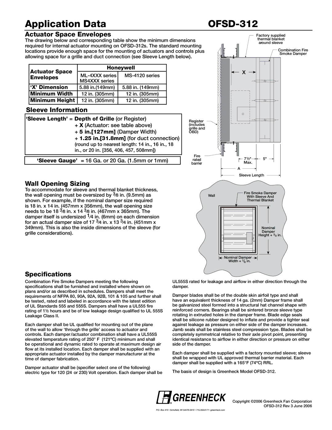 Greenheck Fan dimensions Application Data OFSD-312, Actuator Space Envelopes, Sleeve Information, Wall Opening Sizing 