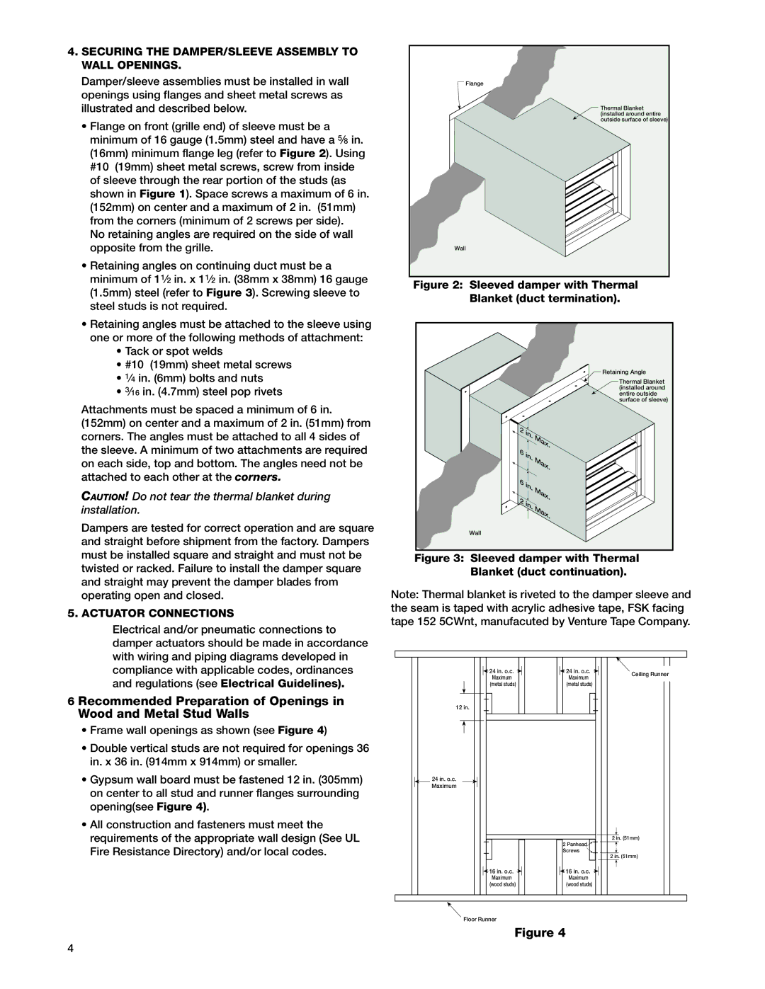 Greenheck Fan ODFD-XXX Series, OFSD-XXX Series Securing the DAMPER/SLEEVE Assembly to Wall Openings, Actuator Connections 