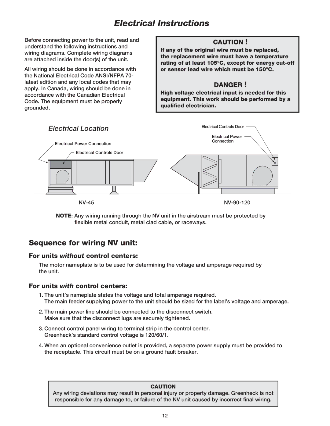 Greenheck Fan Outdoor Air Ventilator Electrical Instructions, Sequence for wiring NV unit, For units with control centers 