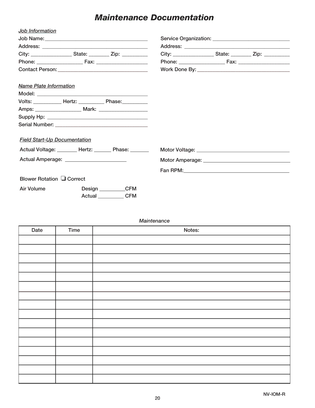 Greenheck Fan Outdoor Air Ventilator manual Maintenance Documentation, Field Start-Up Documentation 