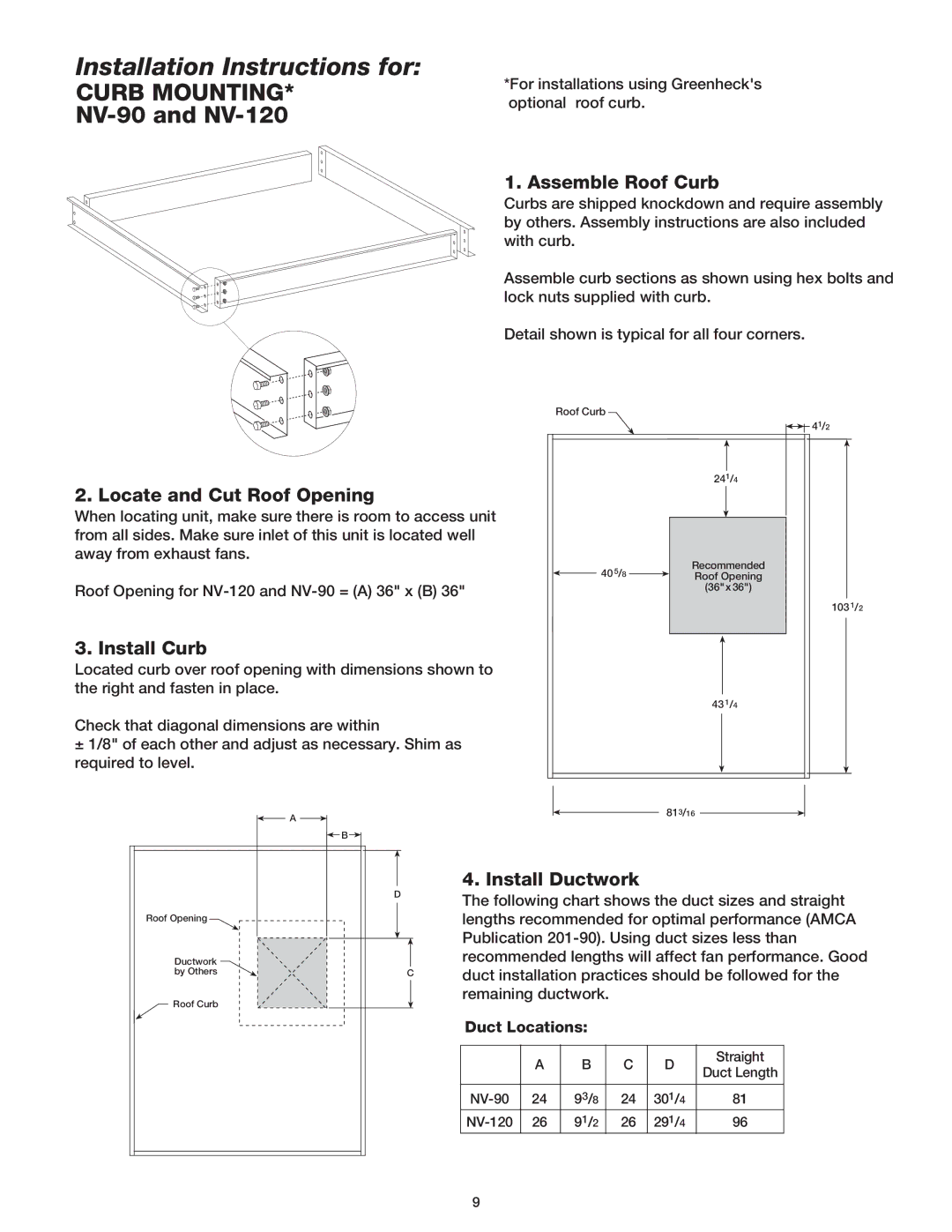 Greenheck Fan Outdoor Air Ventilator manual Assemble Roof Curb, Locate and Cut Roof Opening, Install Curb 