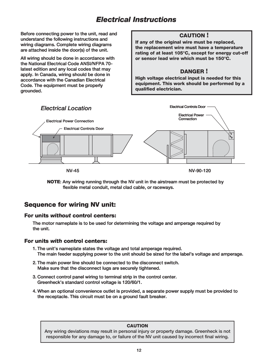 Greenheck Fan Outdoor Air Ventilator Electrical Instructions, Sequence for wiring NV unit, Danger, Electrical Location 