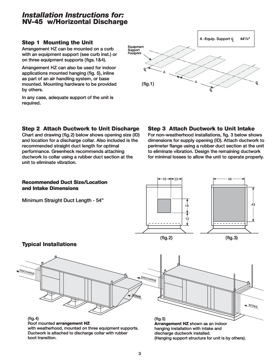 Greenheck Fan Outdoor Air Ventilator manual Installation Instructions for, NV-45 w/Horizontal Discharge, Mounting the Unit 