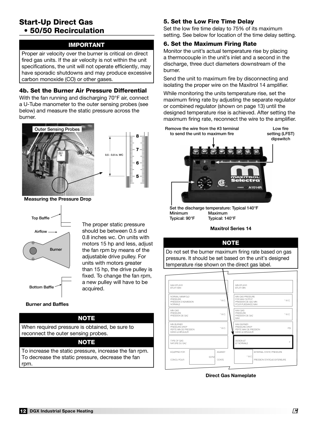 Greenheck Fan Part #470655 manual Start-UpDirect Gas 50/50 Recirculation, 4b. Set the Burner Air Pressure Differential 