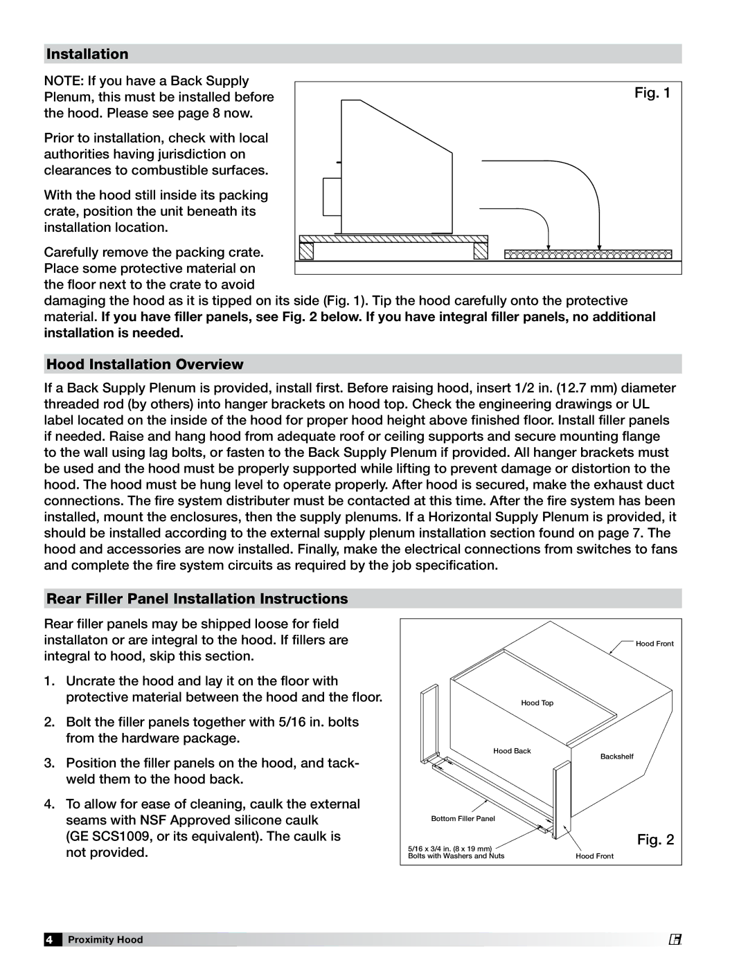 Greenheck Fan PN 458294 manual Hood Installation Overview, Rear Filler Panel Installation Instructions 