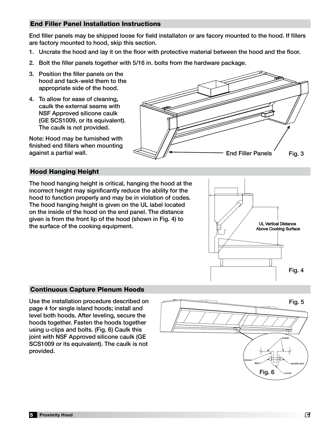 Greenheck Fan PN 458294 End Filler Panel Installation Instructions, Hood Hanging Height, Continuous Capture Plenum Hoods 