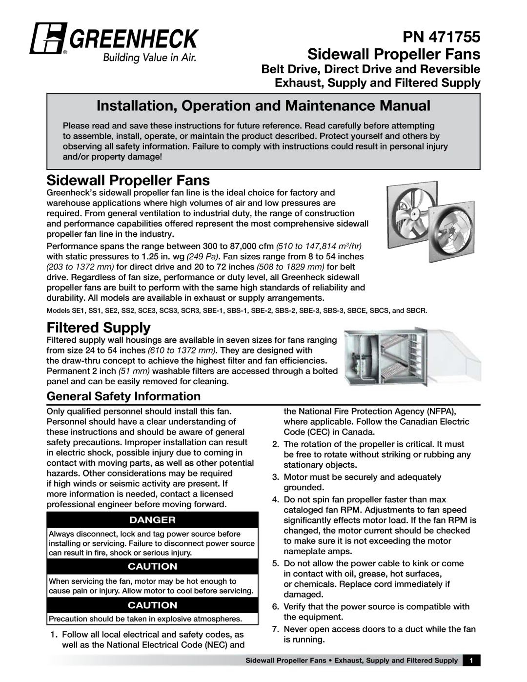 Greenheck Fan PN 471755 manual Sidewall Propeller Fans, General Safety Information 