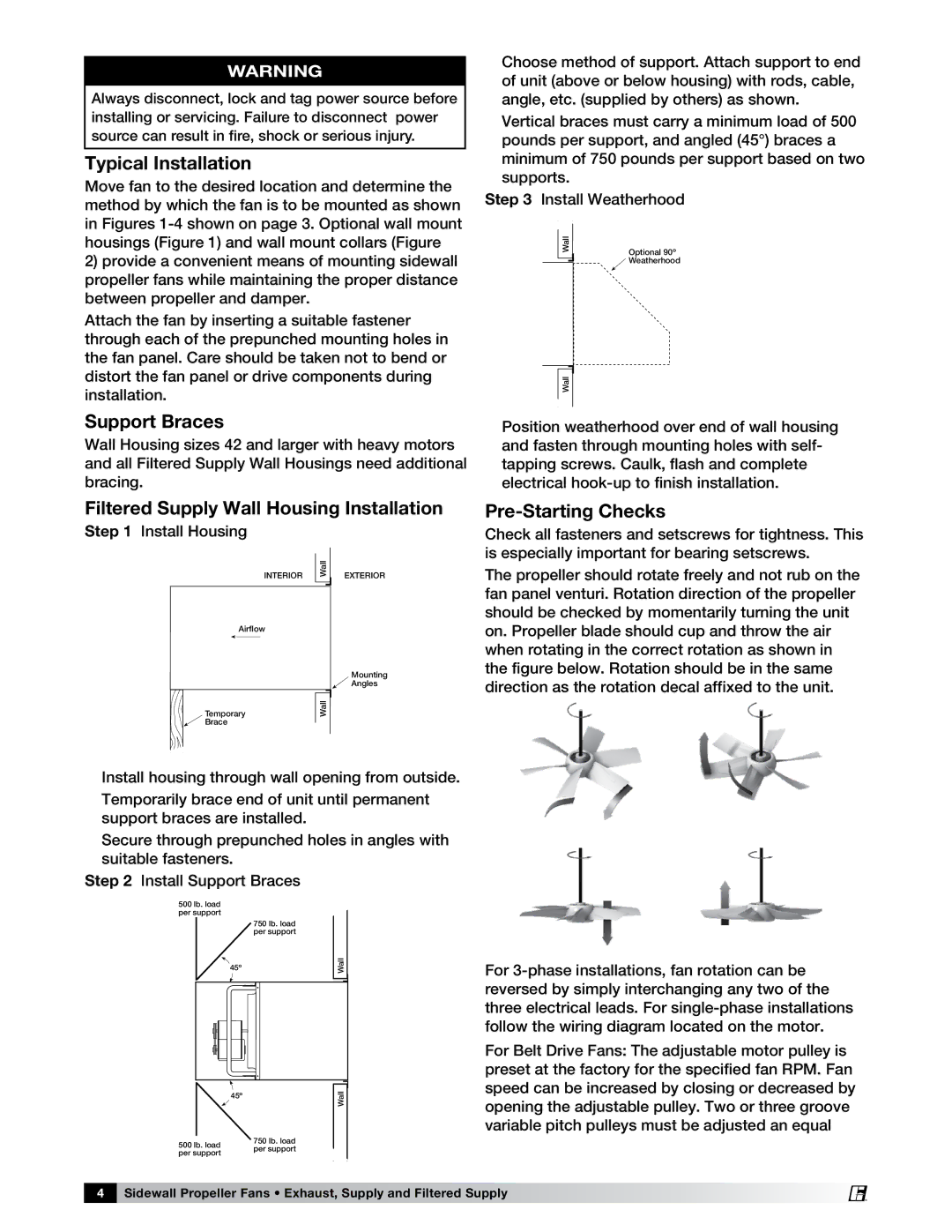 Greenheck Fan PN 471755 manual Typical Installation, Support Braces, Filtered Supply Wall Housing Installation 