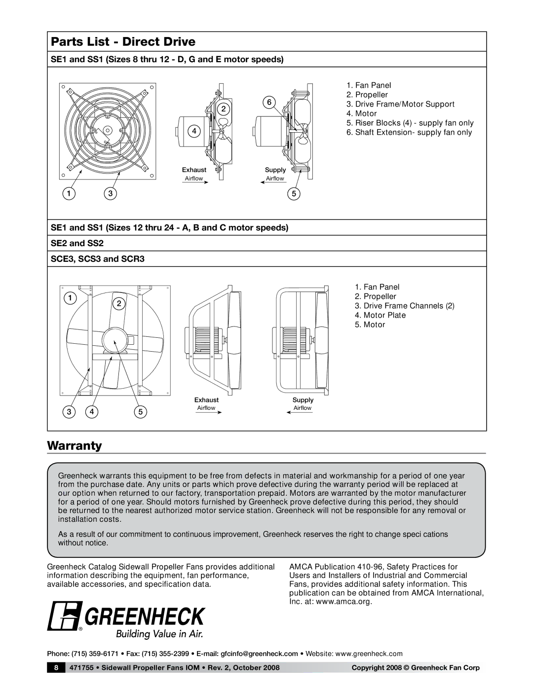 Greenheck Fan PN 471755 manual Parts List Direct Drive, Warranty, SE1 and SS1 Sizes 8 thru 12 D, G and E motor speeds 