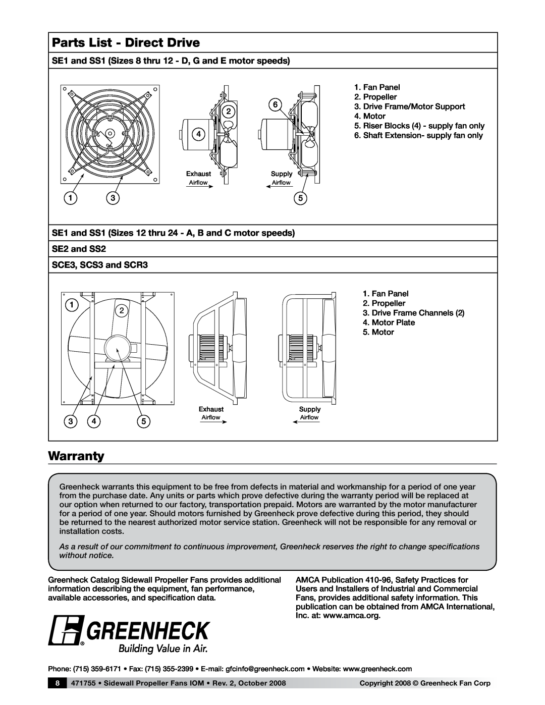 Greenheck Fan PN 471755 manual Parts List - Direct Drive, Warranty, SE1 and SS1 Sizes 8 thru 12 - D, G and E motor speeds 