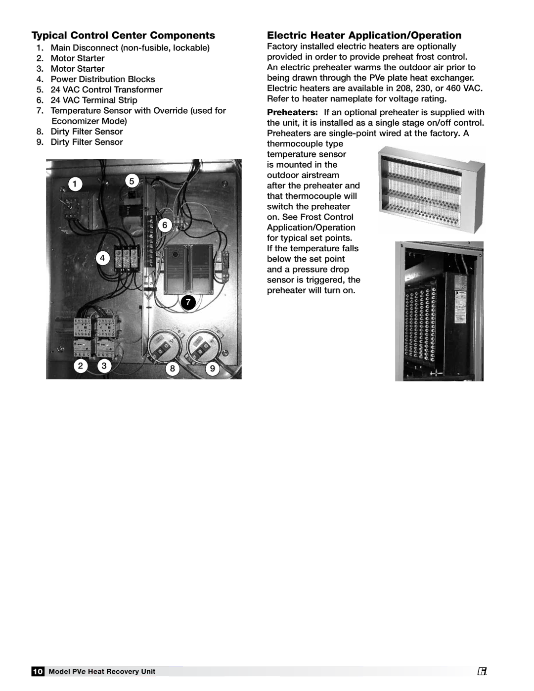 Greenheck Fan PVE-20, PVE-55, PVE-35, PVE-45 manual Typical Control Center Components, Electric Heater Application/Operation 