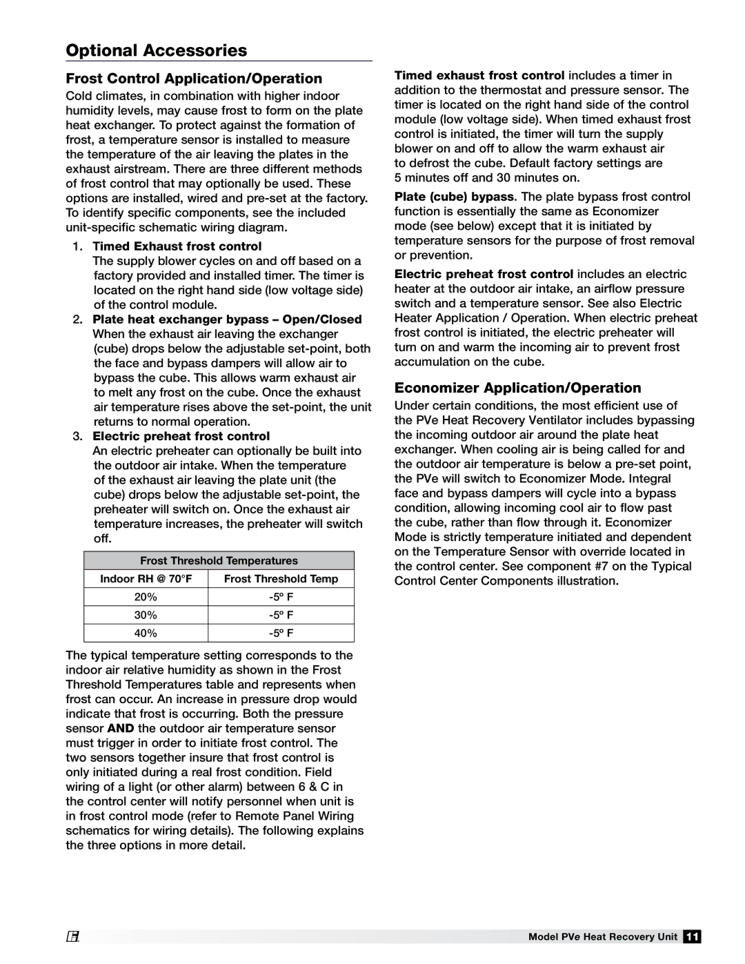 Greenheck Fan PVE-45, PVE-55 Optional Accessories, Frost Control Application/Operation, Economizer Application/Operation 
