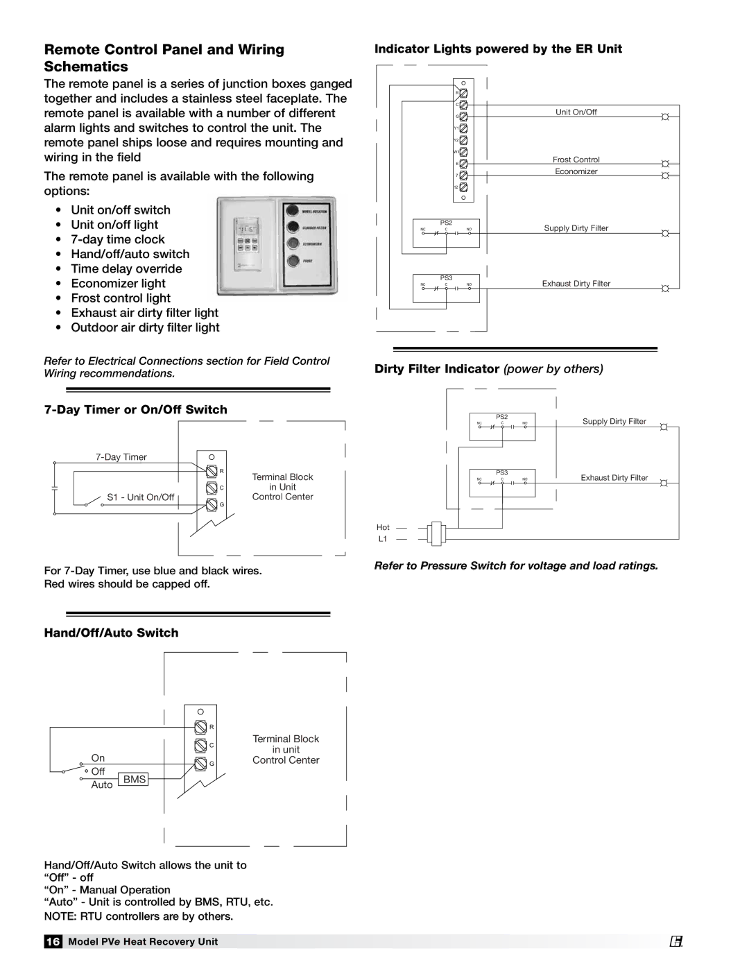 Greenheck Fan PVE-55, PVE-35, PVE-20 Remote Control Panel and Wiring Schematics, Indicator Lights powered by the ER Unit 