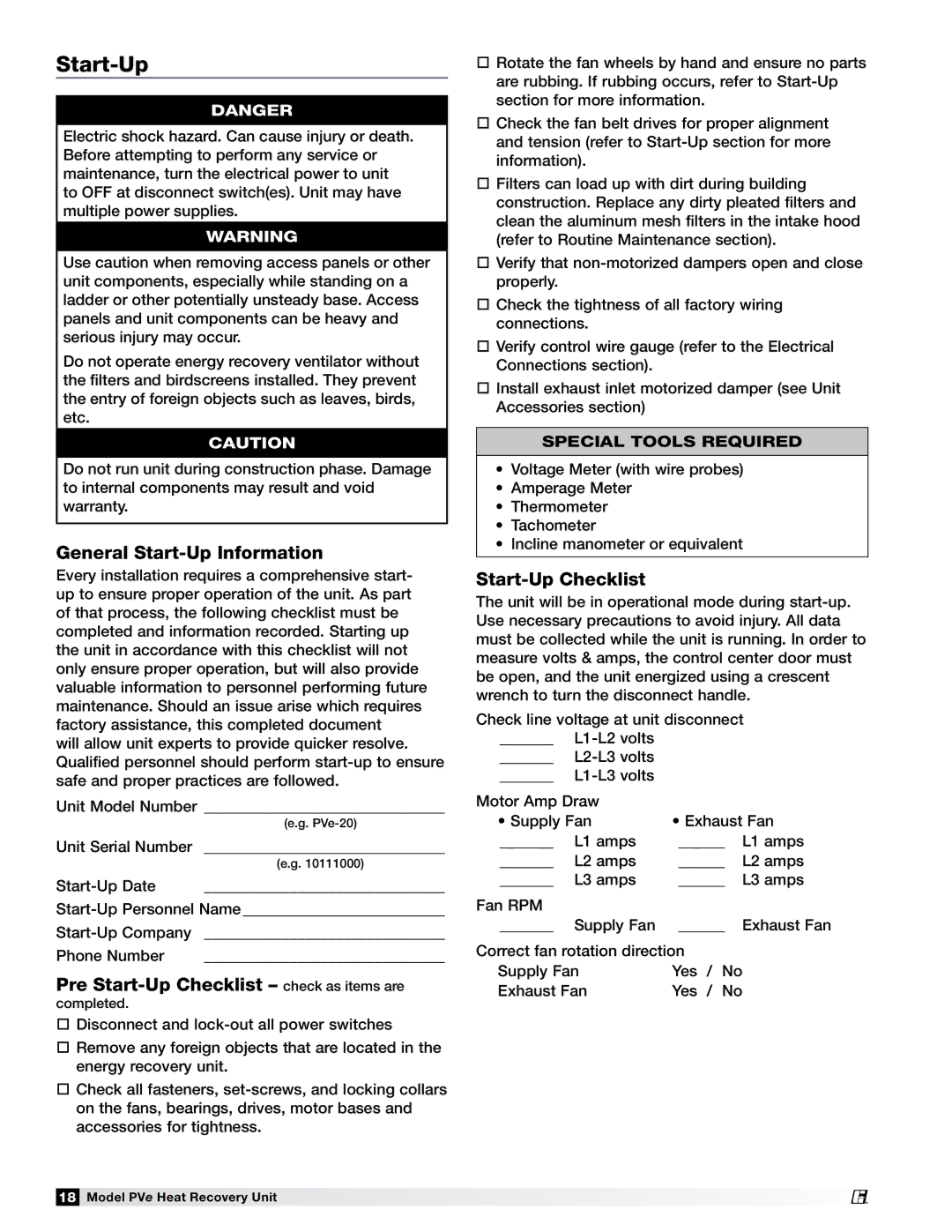 Greenheck Fan PVE-20, PVE-55, PVE-35, PVE-45 General Start-Up Information, Pre Start-Up Checklist check as items are 