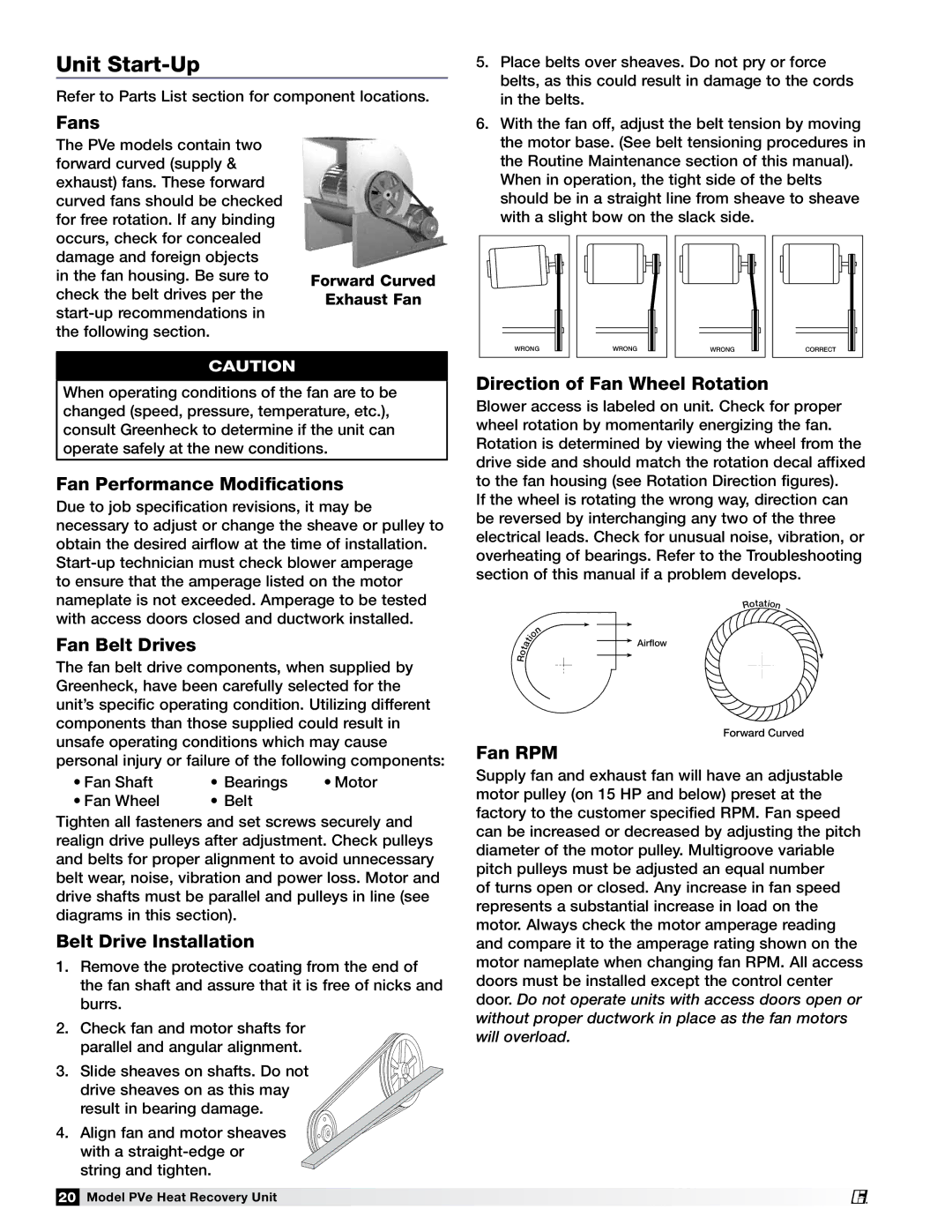 Greenheck Fan PVE-55, PVE-35, PVE-20, PVE-45 manual Unit Start-Up 