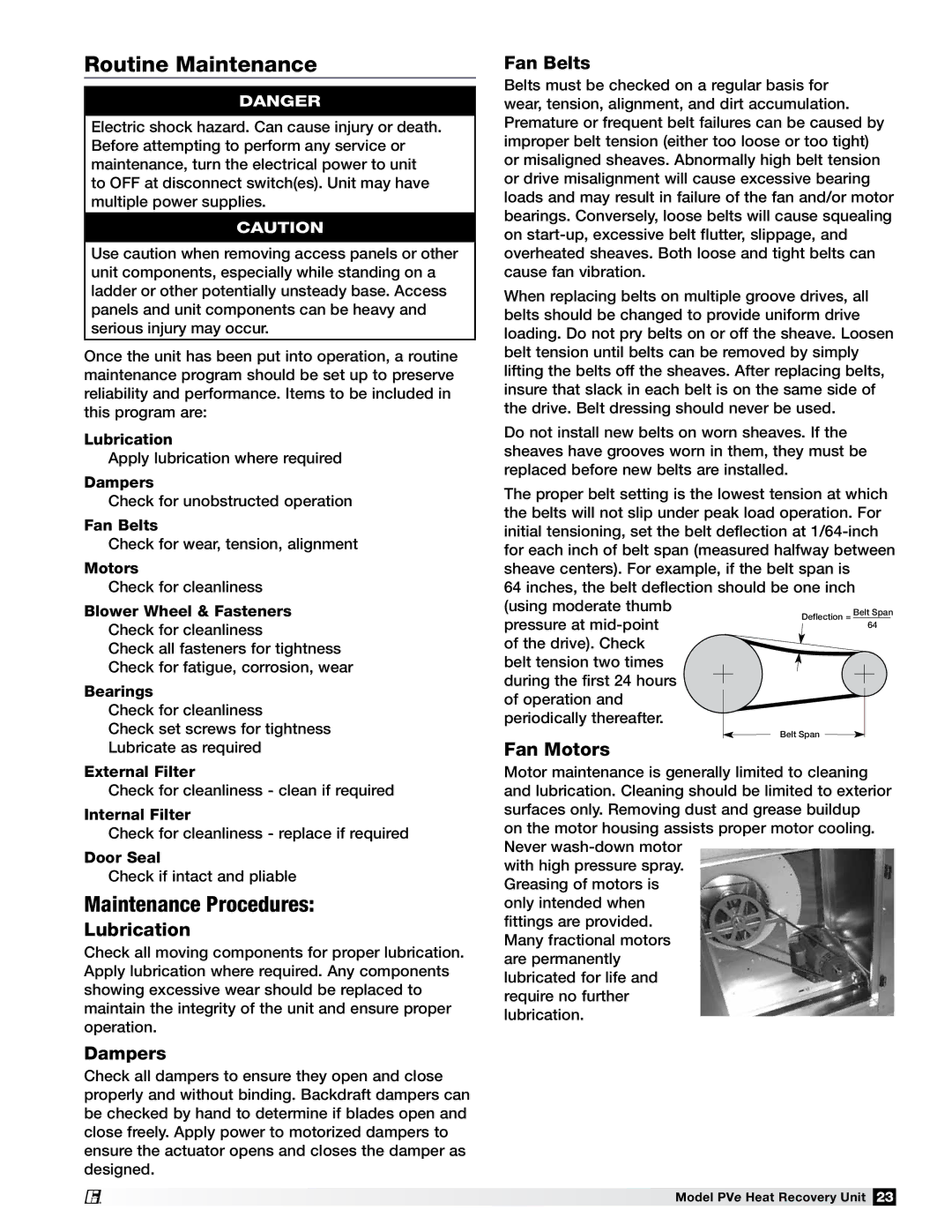 Greenheck Fan PVE-45, PVE-55, PVE-35, PVE-20 manual Routine Maintenance, Lubrication, Dampers, Fan Belts, Fan Motors 