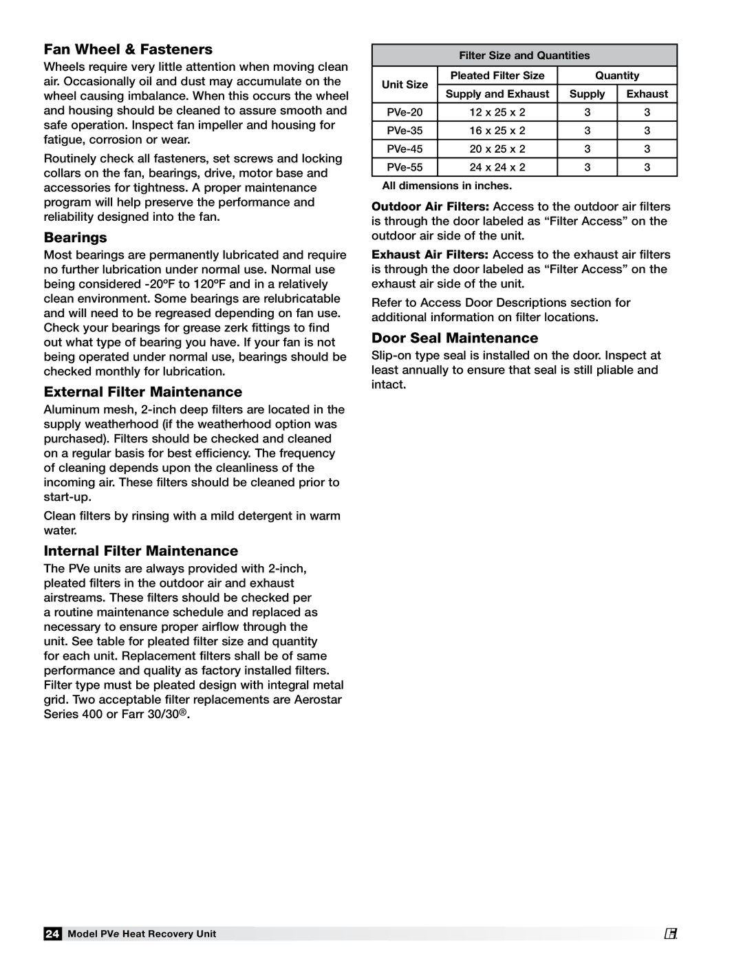 Greenheck Fan PVE-55, PVE-35 Fan Wheel & Fasteners, Bearings, External Filter Maintenance, Internal Filter Maintenance 