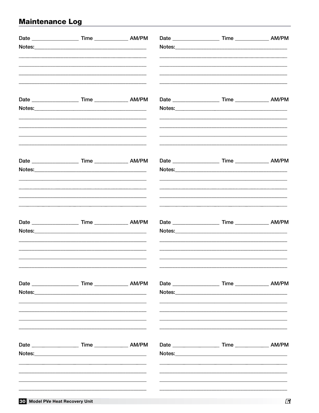 Greenheck Fan PVE-20, PVE-55, PVE-35, PVE-45 manual Maintenance Log 