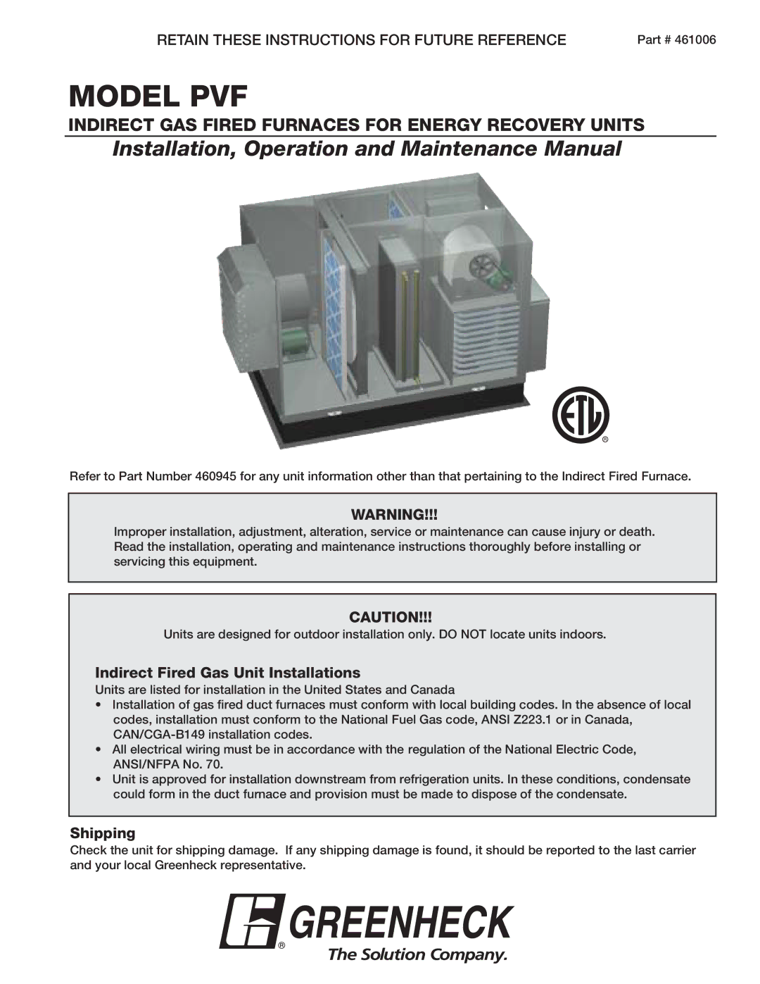 Greenheck Fan PVF manual Indirect Fired Gas Unit Installations, Shipping 