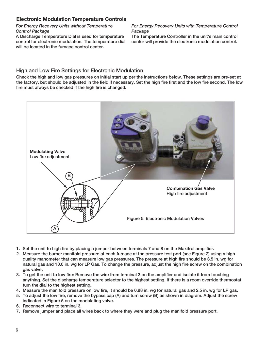 Greenheck Fan PVF manual Electronic Modulation Temperature Controls, High and Low Fire Settings for Electronic Modulation 