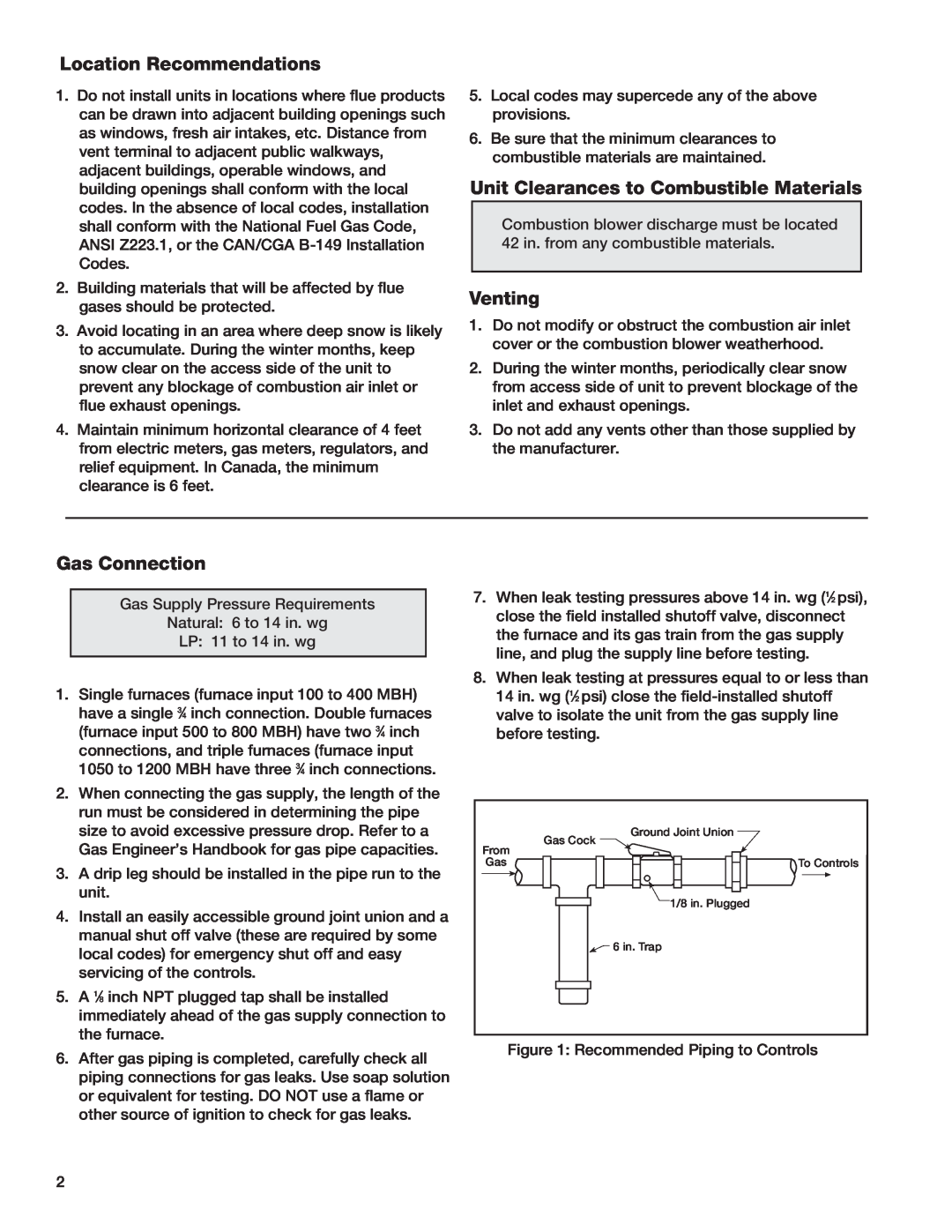 Greenheck Fan PVF manual Location Recommendations, Unit Clearances to Combustible Materials, Venting, Gas Connection 