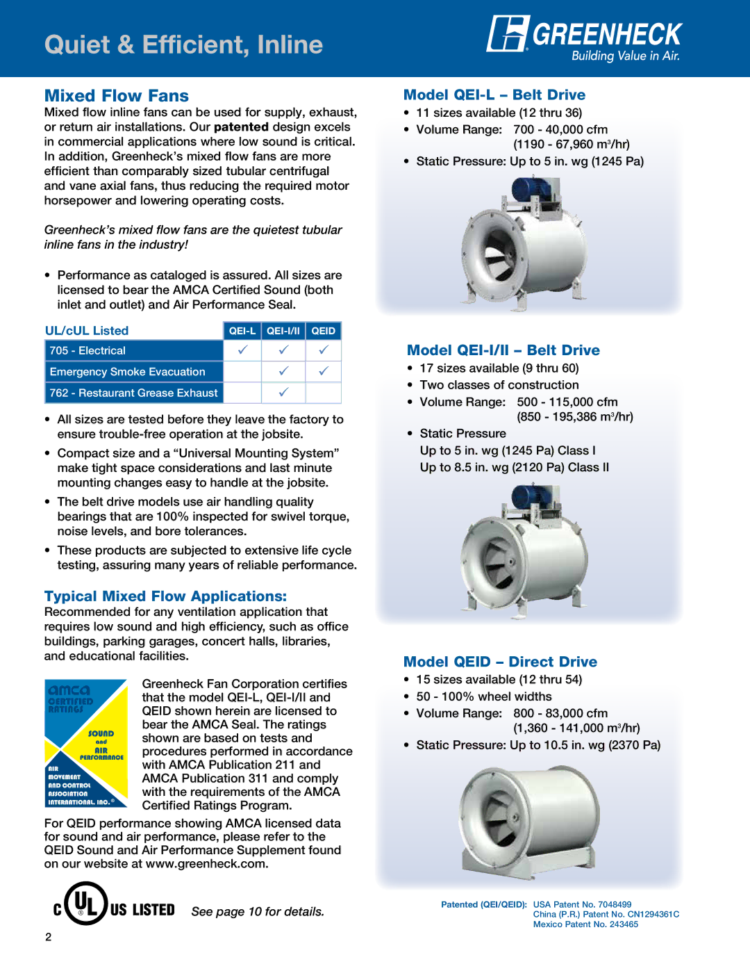 Greenheck Fan QEID, QEI-L manual Quiet & Efficient, Inline, Mixed Flow Fans 