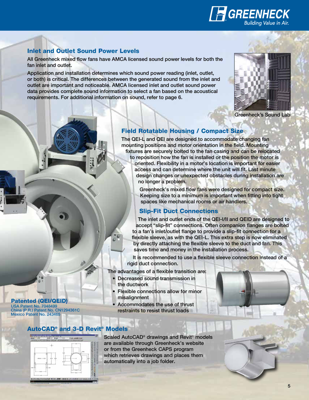 Greenheck Fan QEID Inlet and Outlet Sound Power Levels, Field Rotatable Housing / Compact Size, Slip-Fit Duct Connections 