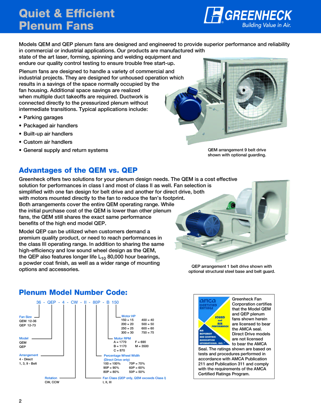 Greenheck Fan manual Quiet & Efficient Plenum Fans, Advantages of the QEM vs. QEP, Plenum Model Number Code 