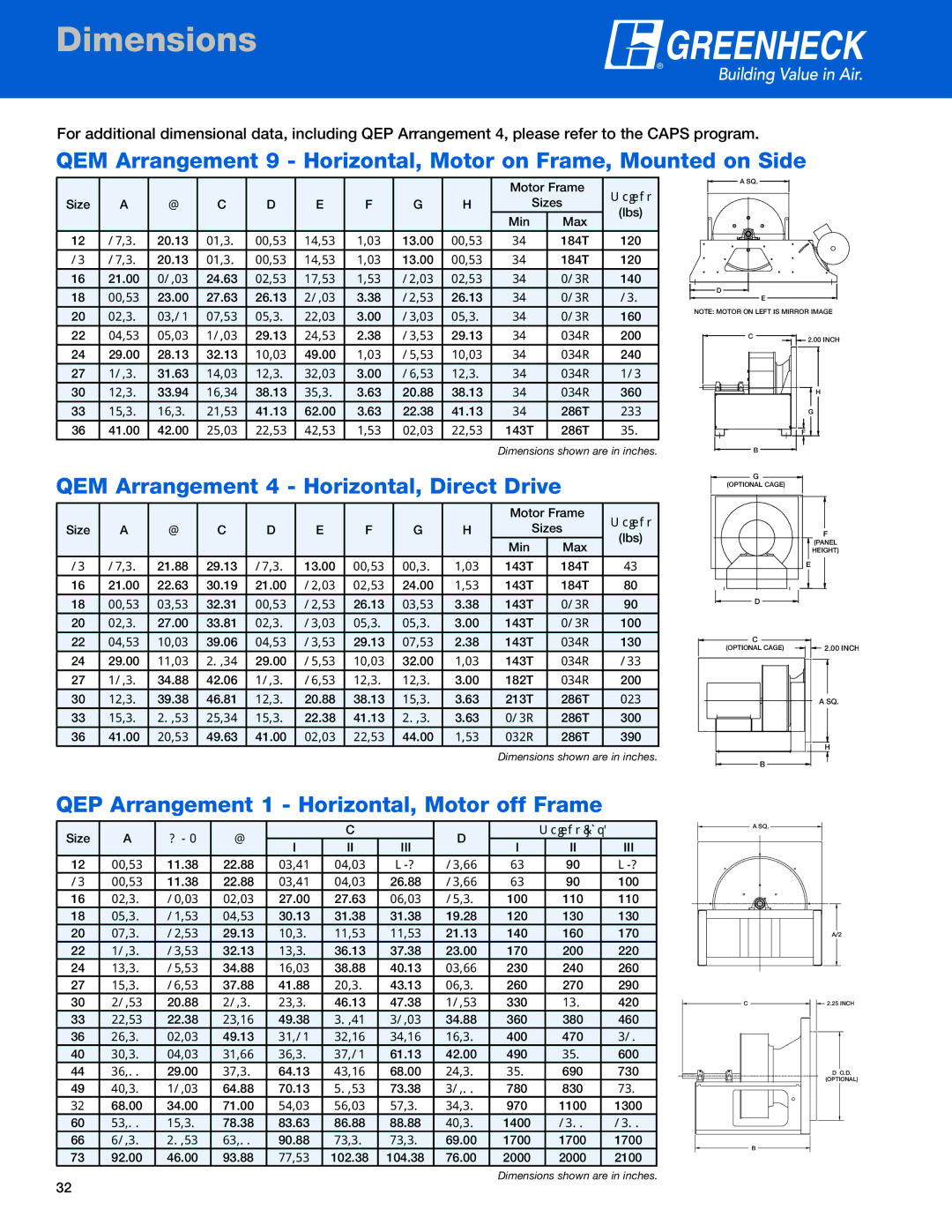 Greenheck Fan Dimensions, QEM Arrangement 4 Horizontal, Direct Drive, QEP Arrangement 1 Horizontal, Motor off Frame 