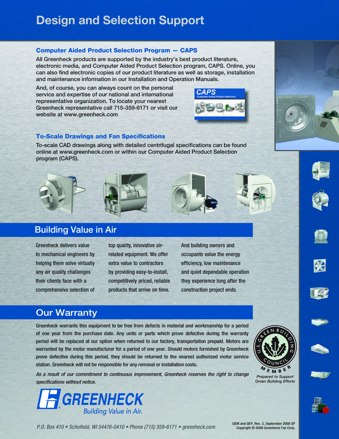 Greenheck Fan QEP, QEM manual Design and Selection Support, Quiet dependable operation 