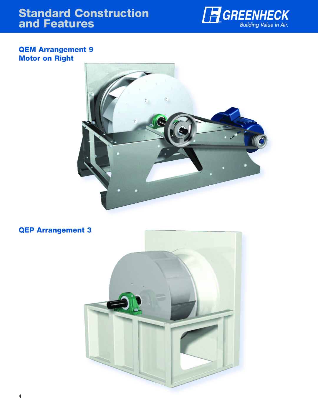 Greenheck Fan manual Standard Construction Features, QEM Arrangement Motor on Right QEP Arrangement 