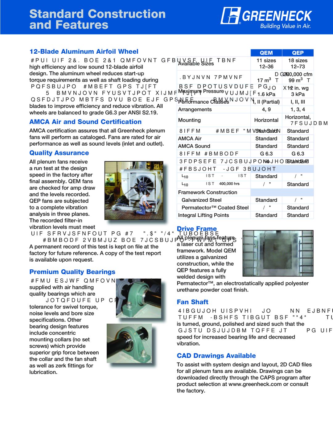 Greenheck Fan QEM, QEP manual Standard Construction and Features 