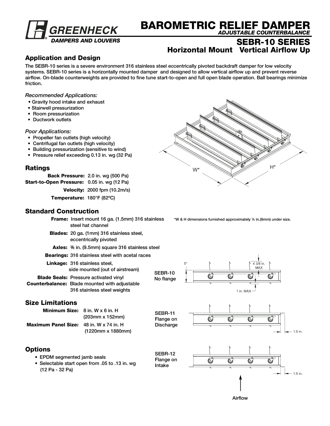 Greenheck Fan SEBR-10 dimensions Application and Design, Ratings, Standard Construction, Size Limitations, Options 