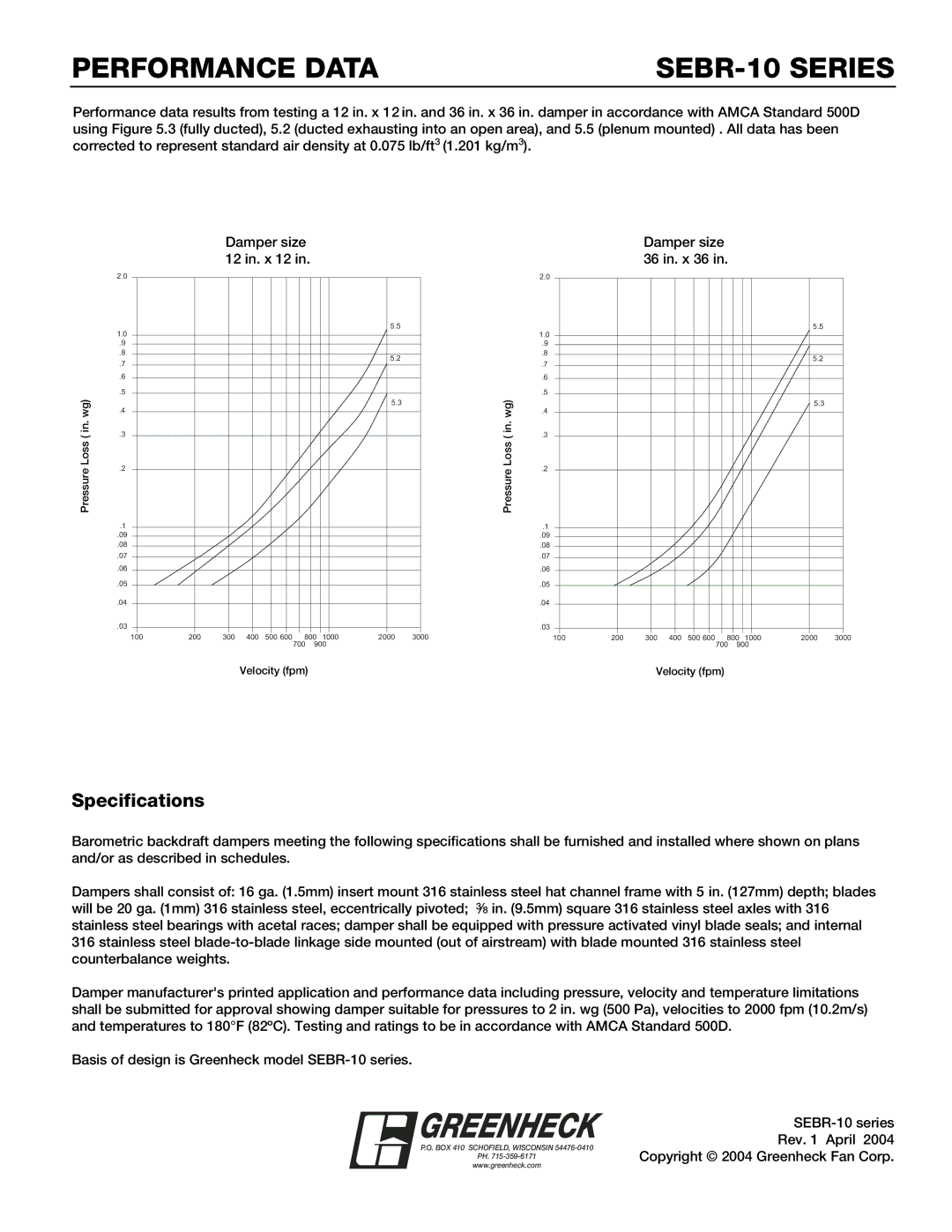 Greenheck Fan dimensions Performance Data SEBR-10 Series, Specifications 