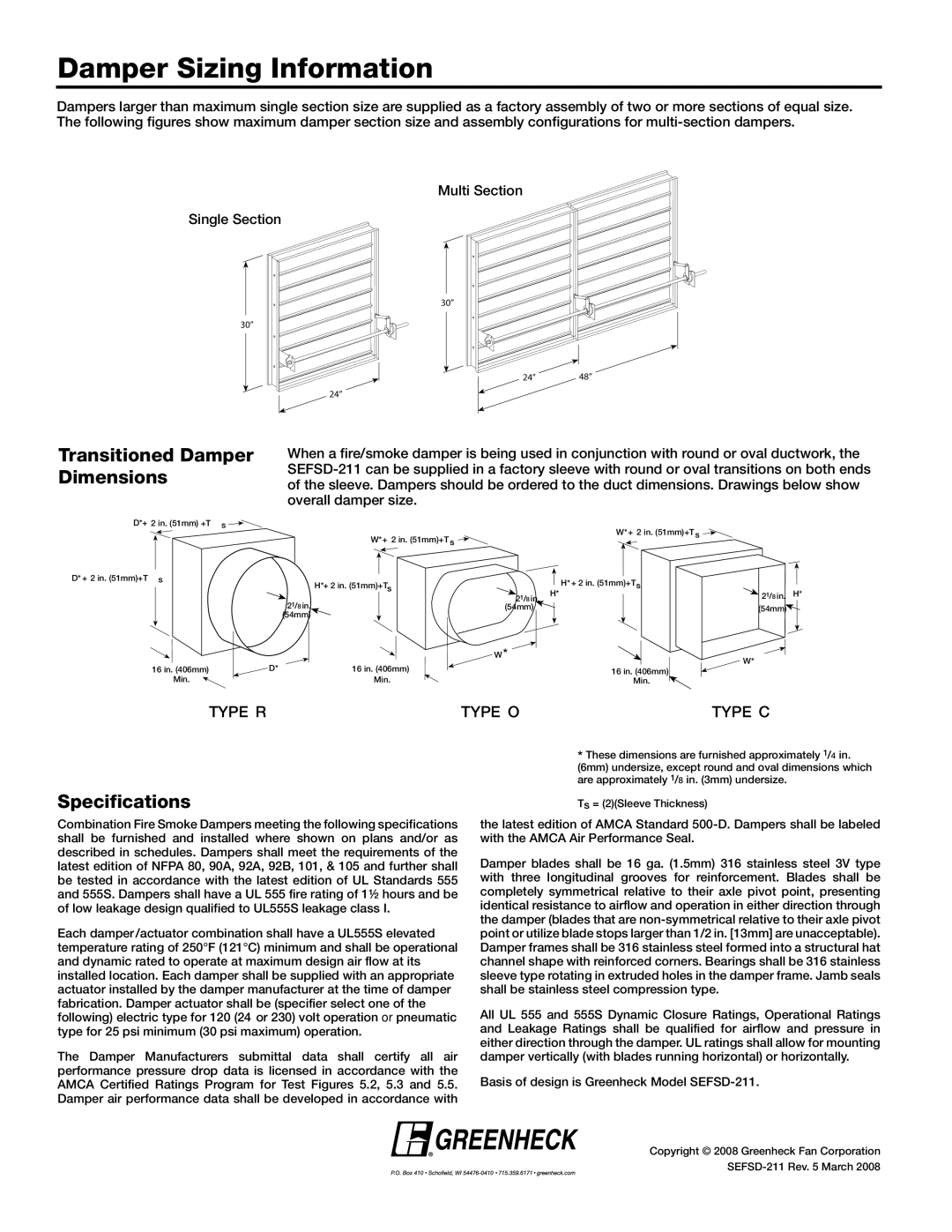 Greenheck Fan SEFSD-211 dimensions Damper Sizing Information, Transitioned Damper Dimensions, Specifications 