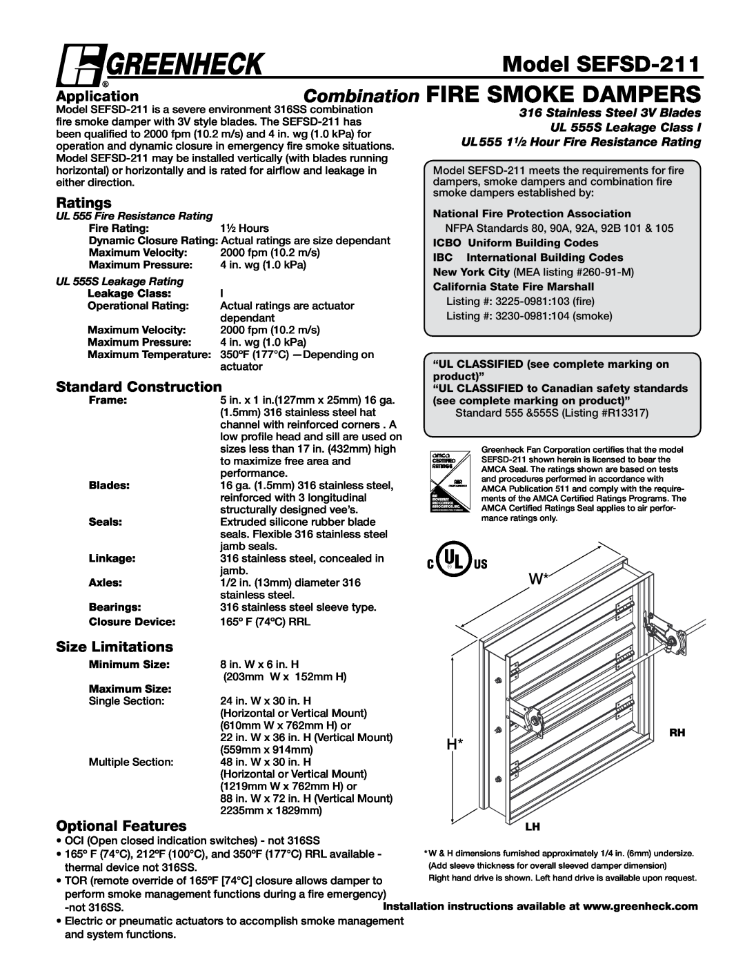Greenheck Fan dimensions Model SEFSD-211, Application, Ratings, Standard Construction, Size Limitations 