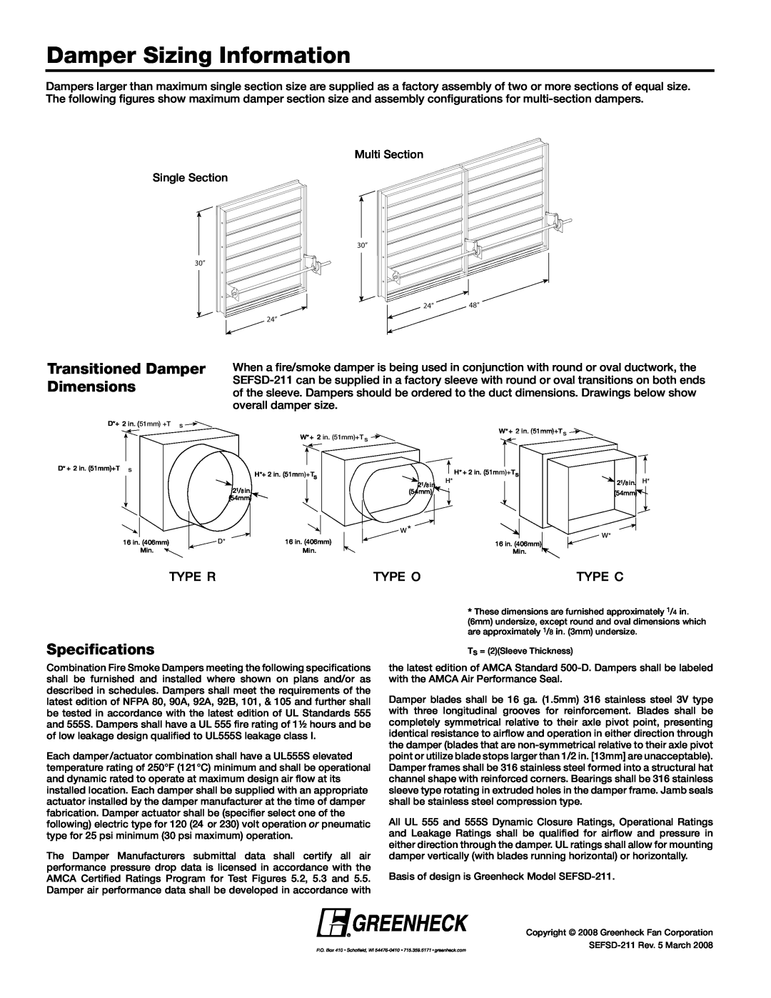 Greenheck Fan SEFSD-211 dimensions Damper Sizing Information, Transitioned Damper Dimensions, Specifications 