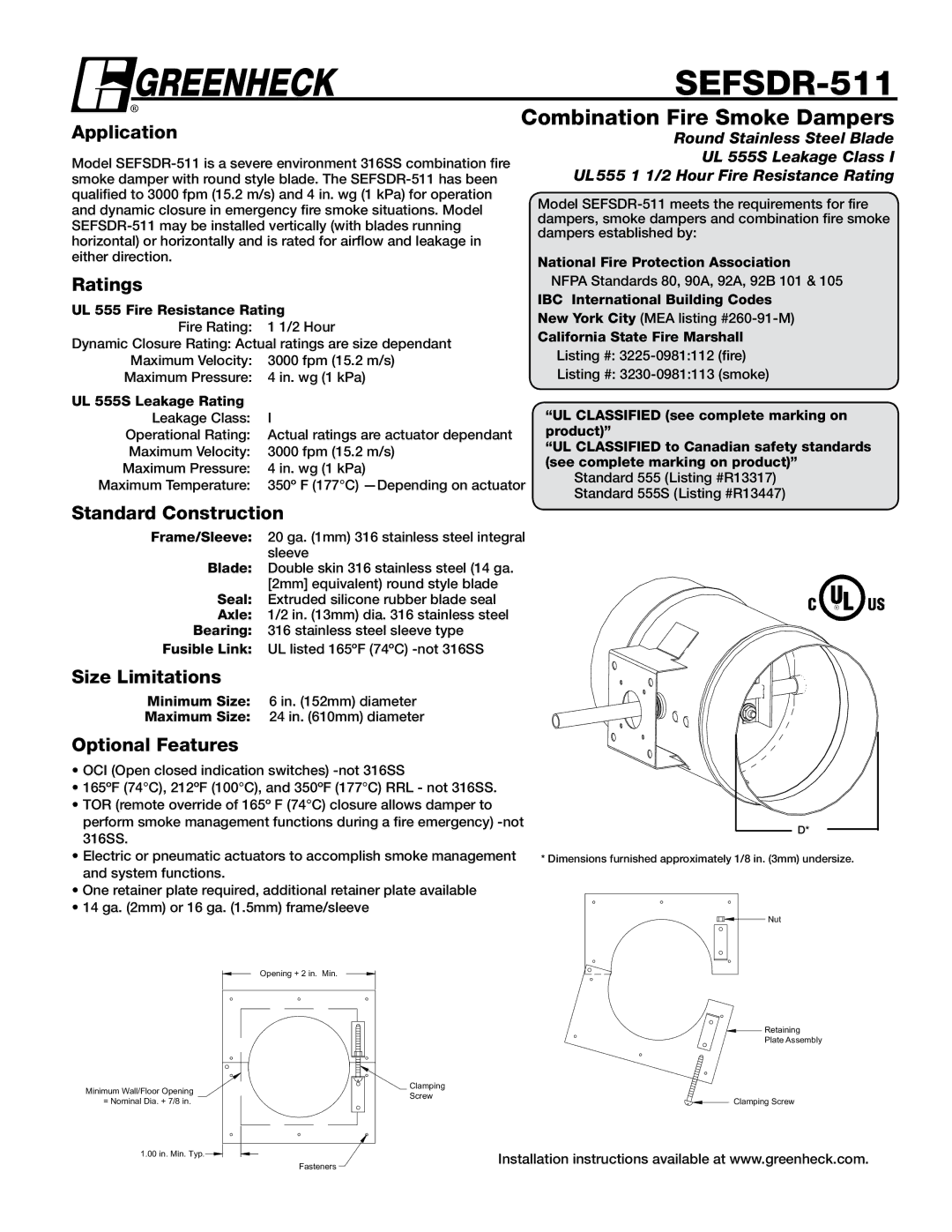 Greenheck Fan SEFSDR-511 dimensions Combination Fire Smoke Dampers 