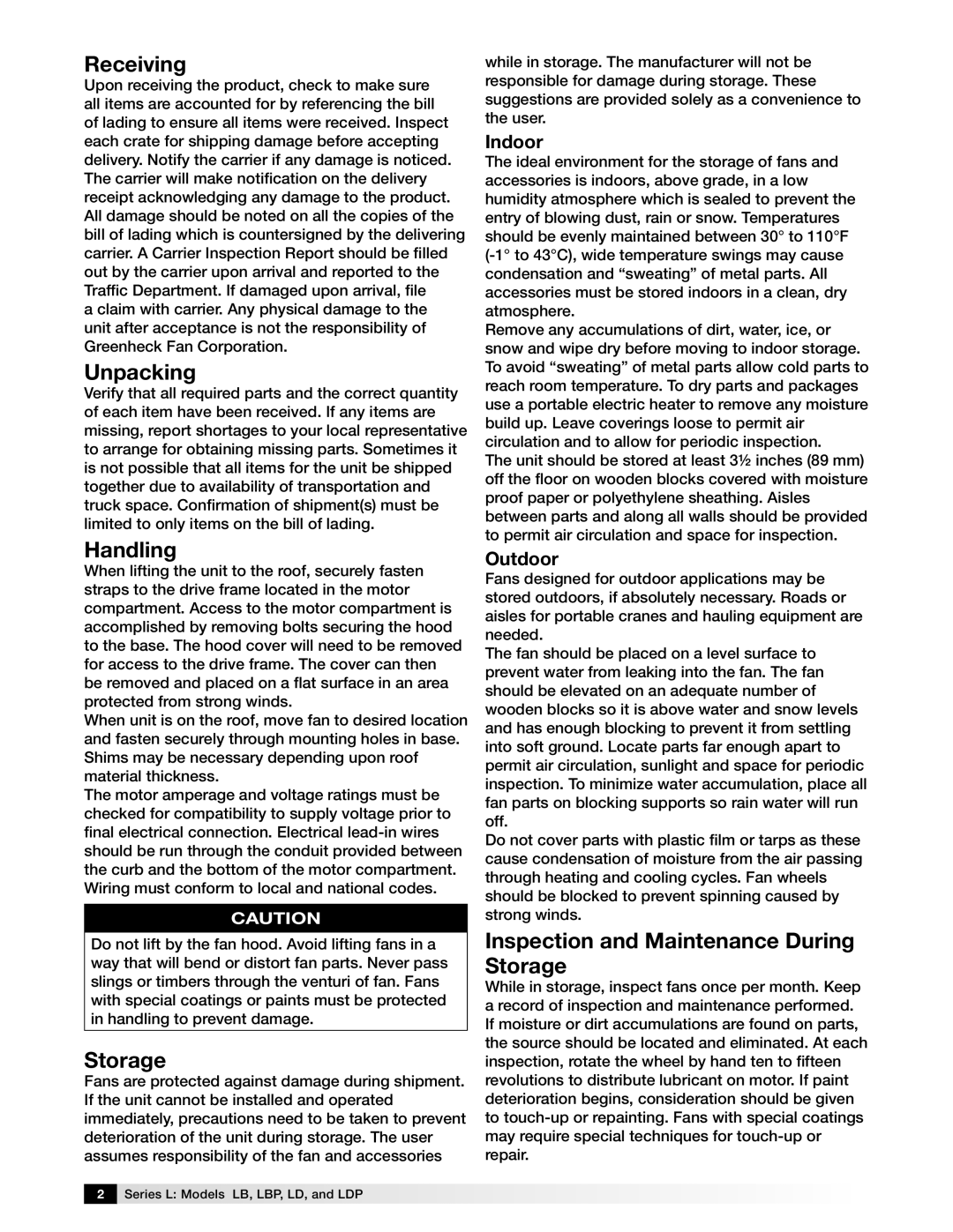 Greenheck Fan LBP, Series L Models LB manual Receiving, Unpacking, Handling, Inspection and Maintenance During Storage 