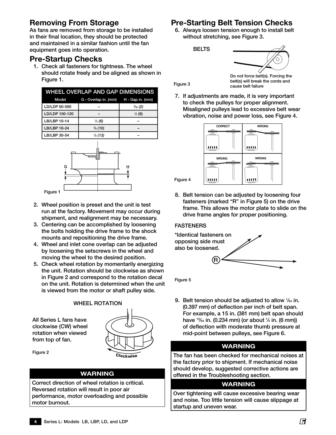 Greenheck Fan LD AND LDP Removing From Storage, Pre-Startup Checks, Pre-Starting Belt Tension Checks, Belts, Fasteners 