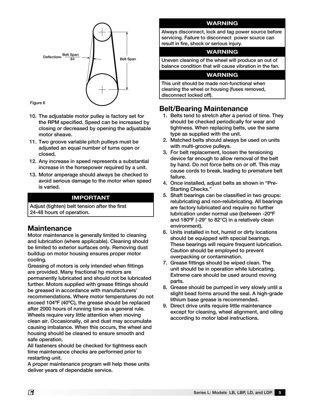 Greenheck Fan LBP, Series L Models LB, LD AND LDP manual Belt/Bearing Maintenance 