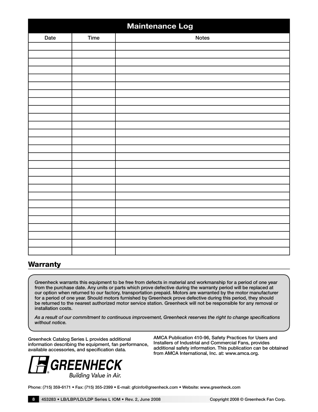 Greenheck Fan LBP, Series L Models LB, LD AND LDP manual Maintenance Log, Warranty 