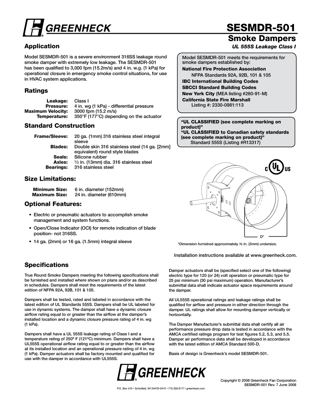 Greenheck Fan SESMDR-501 specifications Smoke Dampers 