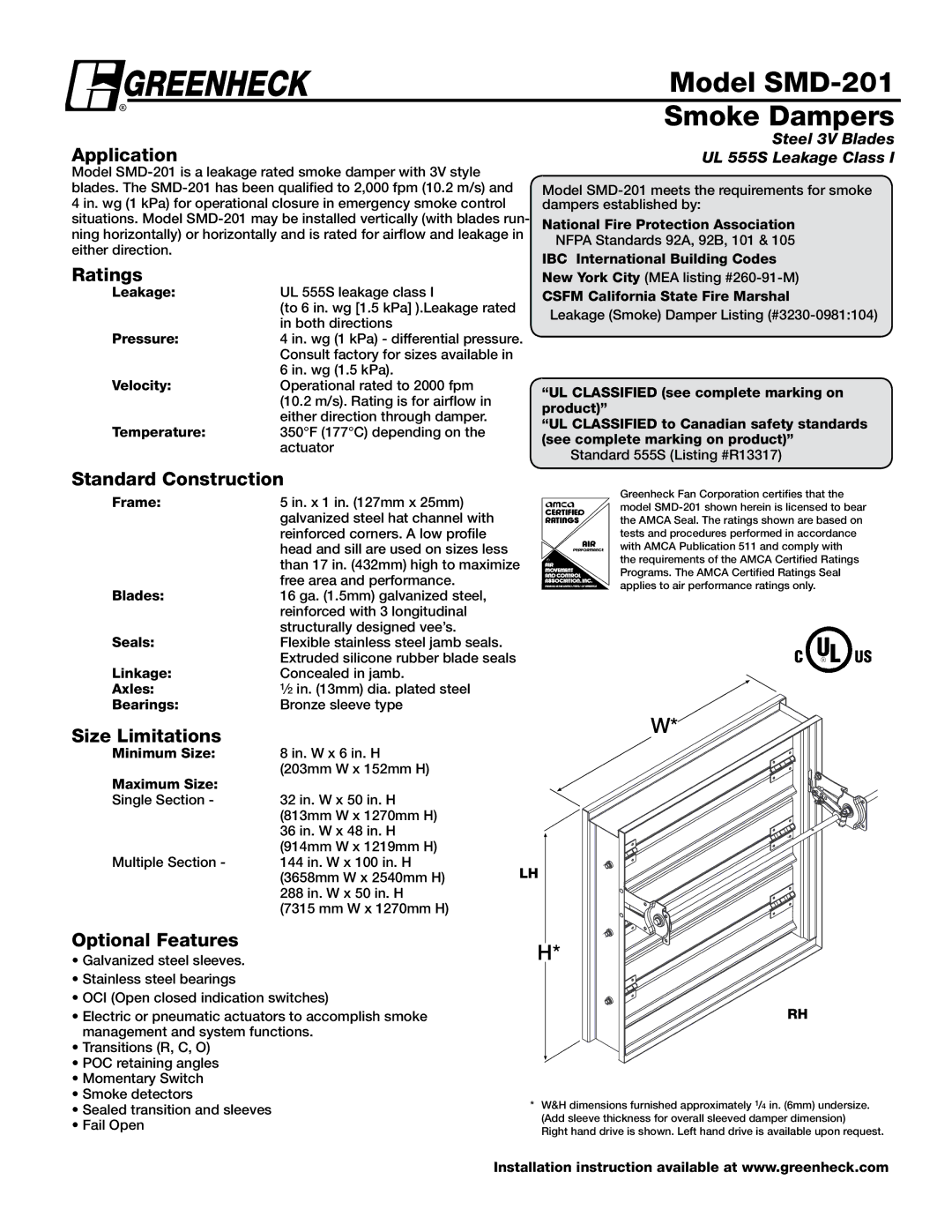 Greenheck Fan dimensions Model SMD-201, Smoke Dampers 